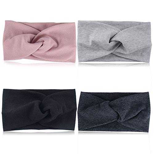 4 Stück Haarband Damen Stirnband Sommer Elastische Stirnbänder Sport Headwrap Headband mit Schleife Weich Verdreht Strinband Frauen Kinder Mädchen Schwarz/Grau/Pink von JNCH