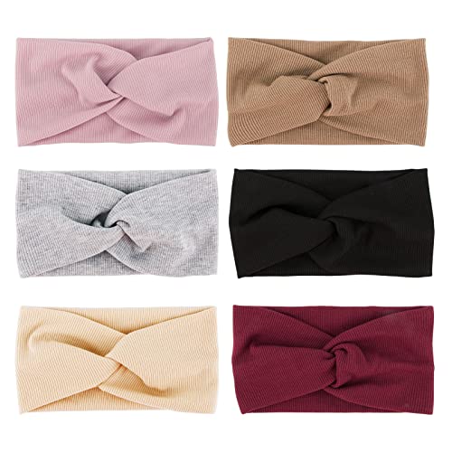 6 Stück Haarband Damen Stirnband Sommer Elastische Stirnbänder Sport Headwrap Headband mit Schleife Weich Verdreht Strinband Frauen Kinder Mädchen Schwarz/Grau/Rosa/Beige/Khaki/Weinrot (6pcs-Stil-a) von JNCH