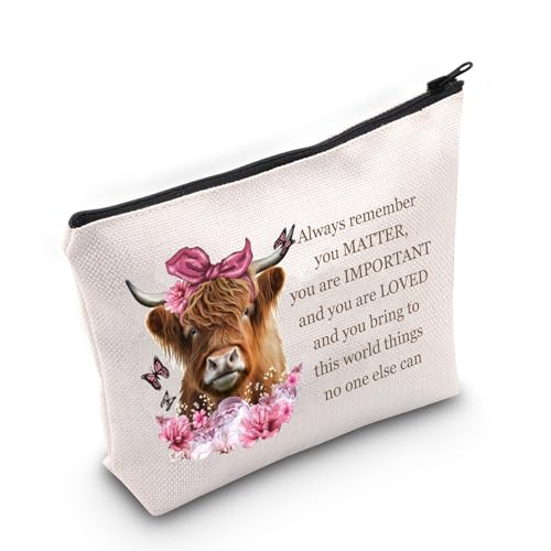 JNIAP Highland Cow Gifts For Her Women Highland Cow Lover Cosmetic Bag Remember You Matter Highland Cattle Makeup Pouch, Beige, Neuheit von JNIAP