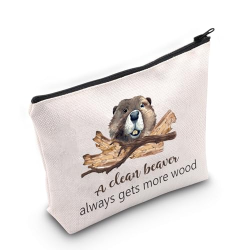 JNIAP Lustige Biber-Themen-Geschenk Biberliebhaber Kosmetiktasche A Clean Beaver Always Gets More Holz Make-up-Tasche für Frauen, Beige, Neuheit von JNIAP