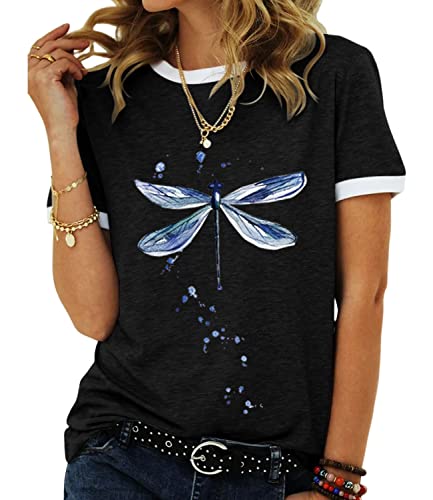 JNIFULI Damen Grafik T-Shirts Casual Sommer Lustige Libelle Bedruckt Kurzarm Niedliche T-Shirts Tops, Schwarz, Mittel JNIFULI Damen Grafik T-Shirts Casual Sommer Lustige Libelle Bedruckt Kurzarm Niedliche T-Shirts Tops, Schwarz, Mittel von JNIFULI