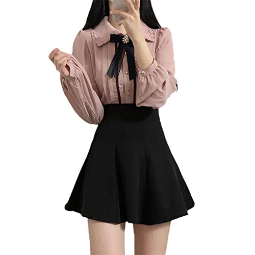 JNKIHAPOT Frühling Damen Niedliche Oberteile Retro Japanisches und koreanisches Design Knöpfe Elegant Kleid Shirts, rose, M von JNKIHAPOT