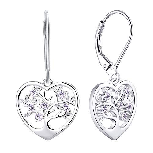 JO WISDOM Damen Hängende Ohrringe Baum des lebens Herz Silber 925 mit 3A Zirkonia Kristall Juni Geburtsstein Alexandrit Farbe,Ohrhänger lebenbaum Schmuck,Schmuck für Frauen von JO WISDOM