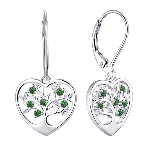 JO WISDOM Damen Hängende Ohrringe Baum des lebens Herz Silber 925 mit 3A Zirkonia Kristall Mai Geburtsstein Smaragd Farbe,Ohrhänger lebenbaum Schmuck,Schmuck für Frauen von JO WISDOM