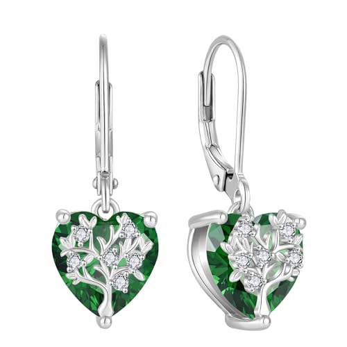 JO WISDOM Damen Hängende Ohrringe Familie Lebensbaum Herz Silber 925 mit 3A Zirkonia Kristall Mai Geburtsstein Smaragd Farbe,Schmuck für Frauen von JO WISDOM