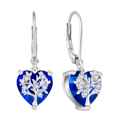 JO WISDOM Damen Hängende Ohrringe Familie Lebensbaum Herz Silber 925 mit 3A Zirkonia Kristall September Geburtsstein Saphirfarbe,Schmuck für Frauen von JO WISDOM