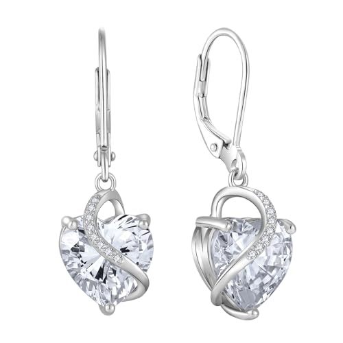 JO WISDOM Damen Hängende Ohrringe Ohrhänger Herz Silber 925 mit 3A Zirkonia Kristall April Geburtsstein,Schmuck für Frauen von JO WISDOM