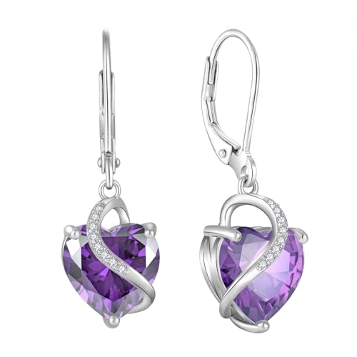 JO WISDOM Damen Hängende Ohrringe Ohrhänger Herz Silber 925 mit 3A Zirkonia Kristall Februar Geburtsstein Amethyst Farbe,Schmuck für Frauen von JO WISDOM