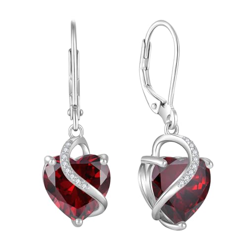 JO WISDOM Damen Hängende Ohrringe Ohrhänger Herz Silber 925 mit 3A Zirkonia Kristall Januar Geburtsstein Granatfarbe,Schmuck für Frauen von JO WISDOM