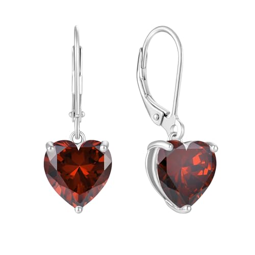 JO WISDOM Damen Hängende Ohrringe Herz Silber 925 mit 3A Zirkonia Kristall Januar Geburtsstein Granatfarbe,Schmuck für Frauen von JO WISDOM