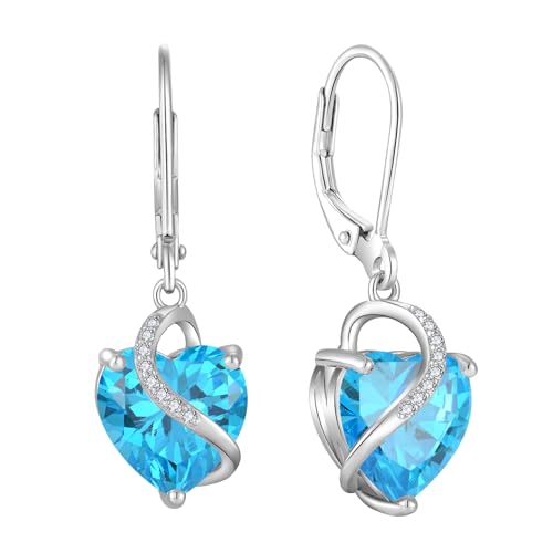 JO WISDOM Damen Hängende Ohrringe Ohrhänger Herz Silber 925 mit 3A Zirkonia Kristall März Geburtsstein Aquamarin Farbe,Schmuck für Frauen von JO WISDOM