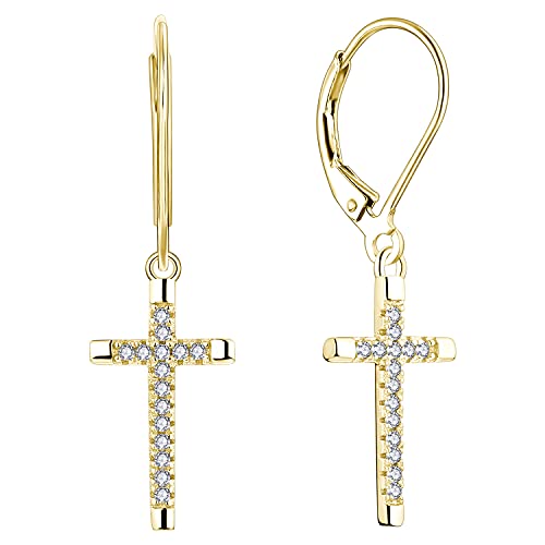 JO WISDOM Damen Hängende Ohrringe Kreuz Kruzifix Silber 925 mit 3A Zirkonia Kristall mit Gelb Vergoldet,Schmuck für Frauen von JO WISDOM