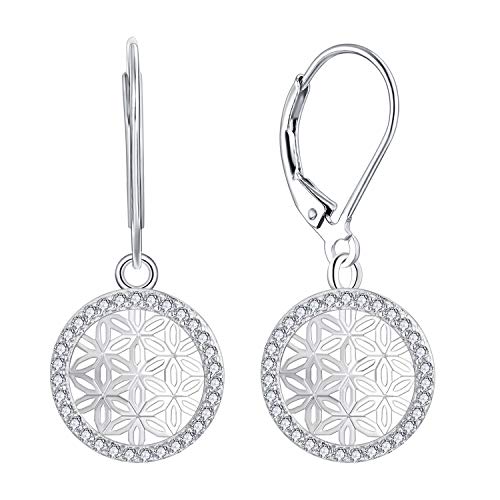 JO WISDOM Damen Hängende Ohrringe Lebensblume Silber 925 mit 3A Zirkonia Kristall April Geburtsstein,Ohrhänger Blume des Lebens für Mädchen,Schmuck für Frauen von JO WISDOM