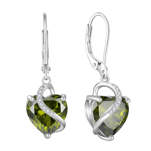 JO WISDOM Damen Hängende Ohrringe Ohrhänger Herz Silber 925 mit 3A Zirkonia Kristall August Geburtsstein Peridot Farbe,Schmuck für Frauen von JO WISDOM
