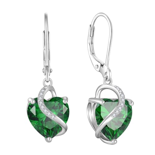JO WISDOM Damen Hängende Ohrringe Ohrhänger Herz Silber 925 mit 3A Zirkonia Kristall Mai Geburtsstein Smaragd Farbe,Schmuck für Frauen von JO WISDOM