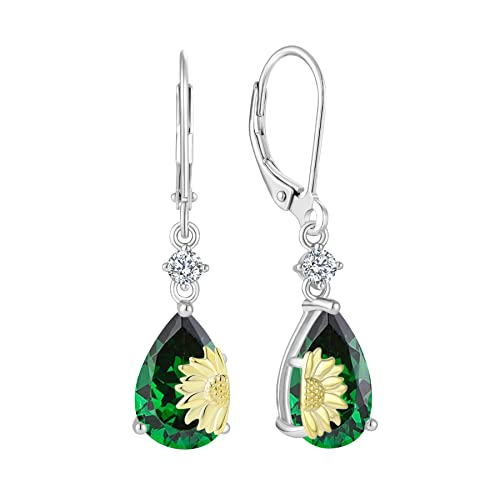 JO WISDOM Damen Hängende Ohrringe Ohrhänger Sonnenblume Träne Silber 925 mit 3A Zirkonia Kristall Mai Geburtsstein Smaragd Farbe,Schmuck für Frauen von JO WISDOM