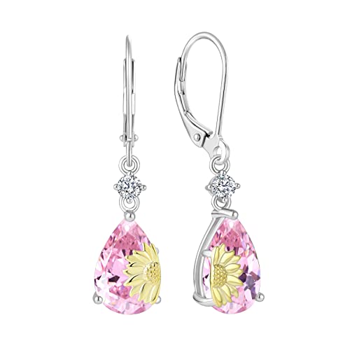 JO WISDOM Damen Hängende Ohrringe Ohrhänger Sonnenblume Träne Silber 925 mit 3A Zirkonia Kristall Oktober Geburtsstein Turmalinfarbe,Schmuck für Frauen von JO WISDOM