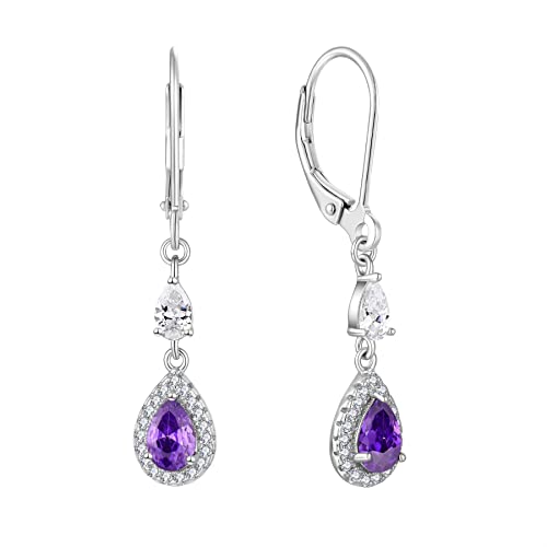 JO WISDOM Damen Hängende Ohrringe Ohrhänger Träne Silber 925 mit 3A Zirkonia Kristall Februar Geburtsstein Amethyst Farbe,Schmuck für Frauen Frau Mutter sie von JO WISDOM