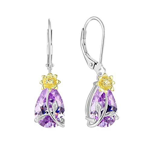 JO WISDOM Damen Hängende Ohrringe Ohrhänger Tränenblume Sonnenblume Silber 925 mit 3A Zirkonia Kristall Februar Geburtsstein Amethyst Farbe,Schmuck für Frauen Frau Mutter sie von JO WISDOM