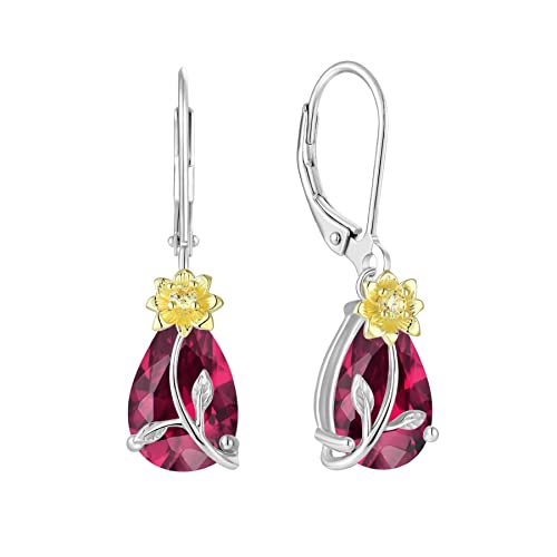 JO WISDOM Damen Hängende Ohrringe Ohrhänger Tränenblume Sonnenblume Silber 925 mit 3A Zirkonia Kristall Juli Geburtsstein Rubinrote Farbe,Schmuck für Frauen Frau Mutter sie von JO WISDOM