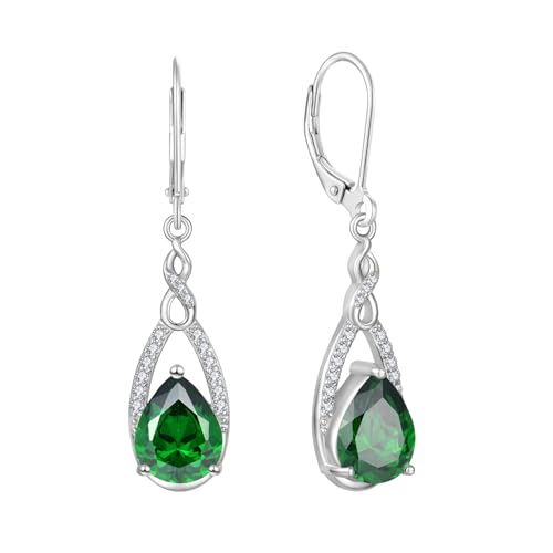 JO WISDOM Damen Hängende Ohrringe Ohrhänger Unendlichkeit Träne Silber 925 mit 3A Zirkonia Kristall Mai Geburtsstein Smaragd Farbe,Schmuck für Frauen von JO WISDOM