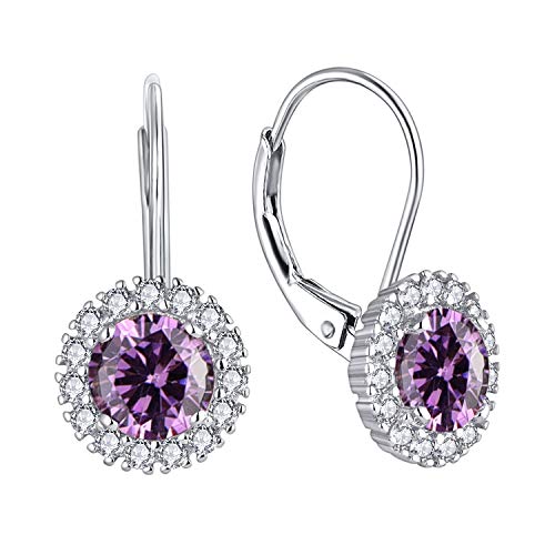 JO WISDOM Damen Hängende Ohrringe Runde Silber 925 mit 3A Zirkonia Februar Geburtsstein Amethyst Farbe Kristall,Schmuck für Frauen von JO WISDOM