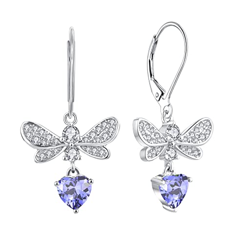 JO WISDOM Damen Hängende Ohrringe Schmetterling Silber 925 mit Herz 3A Zirkonia Kristall Dezember Geburtsstein Tansanit Farbe,Schmuck für Frauen von JO WISDOM