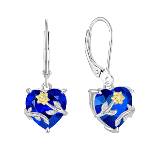 JO WISDOM Damen Hängende Ohrringe Sonnenblume Herz Silber 925 mit 3A Zirkonia Kristall September Geburtsstein Saphirfarbe,Schmuck für Frauen von JO WISDOM