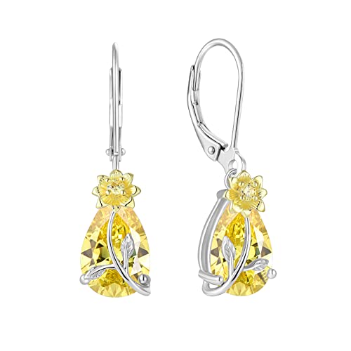 JO WISDOM Damen Hängende Ohrringe Ohrhänger Tränenblume Sonnenblume Silber 925 mit 3A Zirkonia Kristall November Geburtsstein Citrinfarbe,Schmuck für Frauen Frau Mutter sie von JO WISDOM