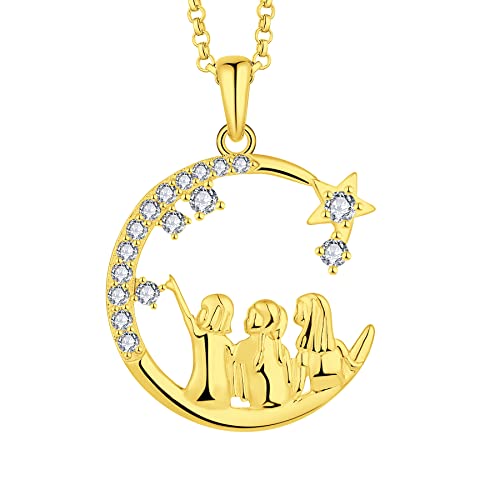 JO WISDOM Damen Halskette Halbmond Stern Sterling Silber 925,Kette Anhänger Immer meine Schwester für immer mein Freund mit 3A Zirkonia mit Gelb Vergoldet,Schmuck für Frauen von JO WISDOM
