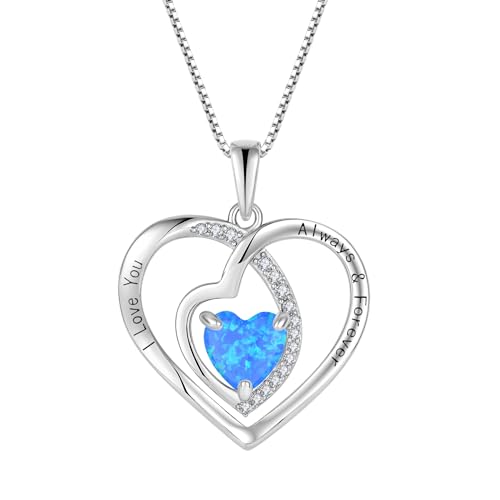 JO WISDOM Damen Halskette Herz Silber 925,Kette Anhänger mit 3A Zirkonia Blau Feuer Opal Graviert Ich liebe dich immer und für immer,Schmuck für Frauen Mutter Frau sie von JO WISDOM
