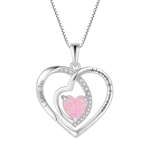 JO WISDOM Damen Halskette Herz Silber 925,Kette Anhänger mit 3A Zirkonia Rosa Feuer Opal Graviert Ich liebe dich immer und für immer,Schmuck für Frauen Mutter Frau sie von JO WISDOM