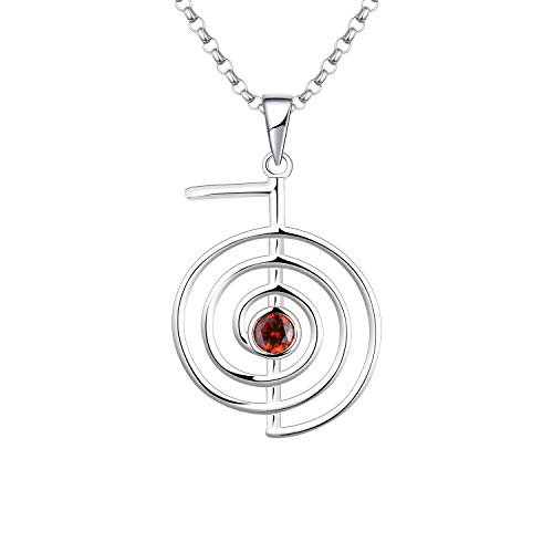 JO WISDOM Damen Halskette Reiki Cho Ku Rei Sterling Silber 925,Kette Anhänger Heilende Energie Yoga Kraft mit 3A Zirkonia Januar Geburtsstein Granatfarbe,Schmuck für Frauen von JO WISDOM