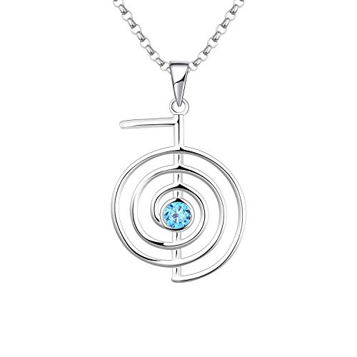 JO WISDOM Damen Halskette Reiki Cho Ku Rei Sterling Silber 925,Kette Anhänger Heilende Energie Yoga Kraft mit 3A Zirkonia März Geburtsstein Aquamarin Farbe,Schmuck für Frauen von JO WISDOM