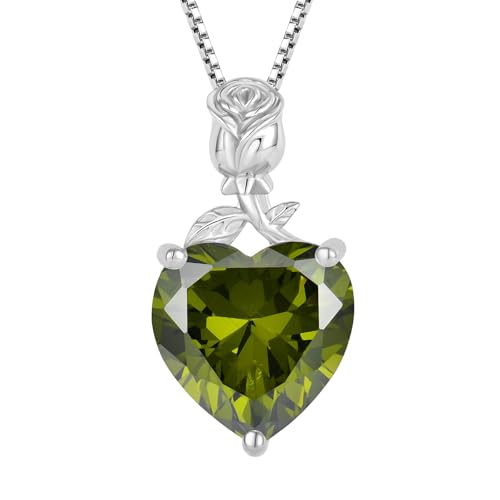 JO WISDOM Damen Halskette Rose Herz Silber 925,Kette Anhänger mit 3A Zirkonia August Geburtsstein Peridot Farbe,Schmuck für Frauen Mutter Frau sie von JO WISDOM