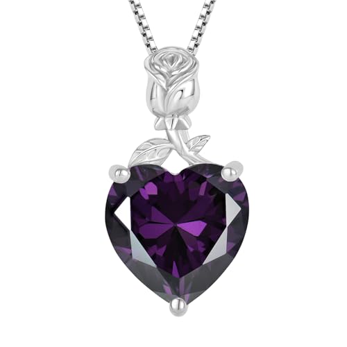 JO WISDOM Damen Halskette Rose Herz Silber 925,Kette Anhänger mit 3A Zirkonia Februar Geburtsstein Amethyst Farbe,Schmuck für Frauen Mutter Frau sie von JO WISDOM