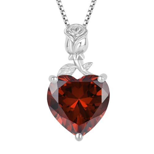 JO WISDOM Damen Halskette Rose Herz Silber 925,Kette Anhänger mit 3A Zirkonia Januar Geburtsstein Granatfarbe,Schmuck für Frauen Mutter Frau sie von JO WISDOM