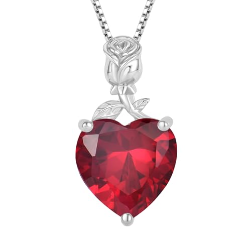 JO WISDOM Damen Halskette Rose Herz Silber 925,Kette Anhänger mit 3A Zirkonia Juli Geburtsstein Rubinrote Farbe,Schmuck für Frauen Mutter Frau sie von JO WISDOM