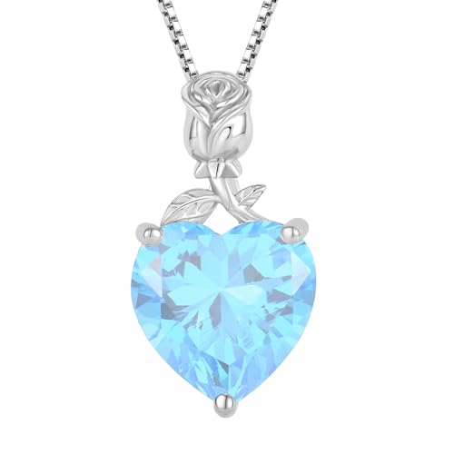 JO WISDOM Damen Halskette Rose Herz Silber 925,Kette Anhänger mit 3A Zirkonia März Geburtsstein Aquamarin Farbe,Schmuck für Frauen Mutter Frau sie von JO WISDOM
