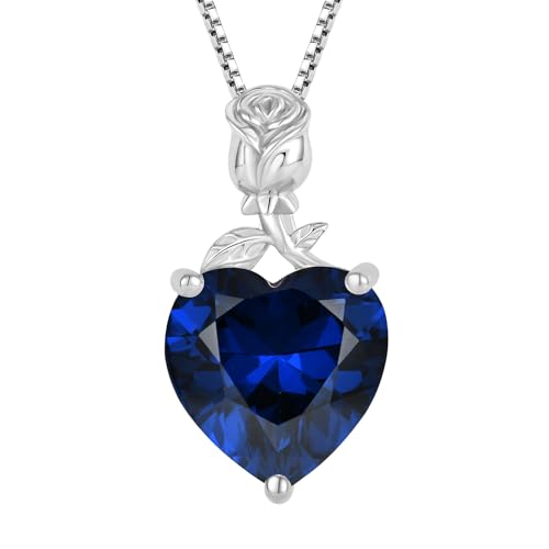 JO WISDOM Damen Halskette Rose Herz Silber 925,Kette Anhänger mit 3A Zirkonia September Geburtsstein Saphirfarbe,Schmuck für Frauen Mutter Frau sie von JO WISDOM