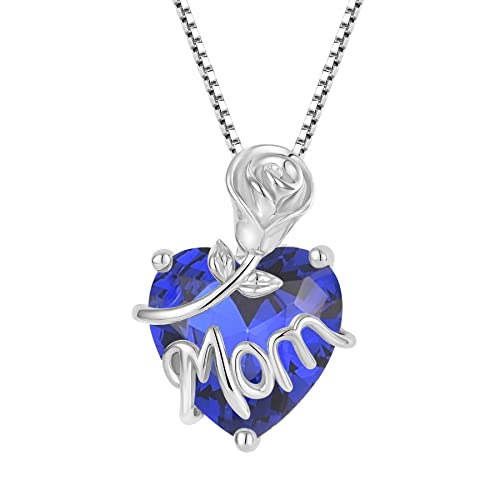 JO WISDOM Damen Halskette Rose Mama Herz Silber 925,Kette Anhänger mit 3A Zirkonia September Geburtsstein Saphirfarbe,Schmuck für Frauen Mutter Frau sie von JO WISDOM