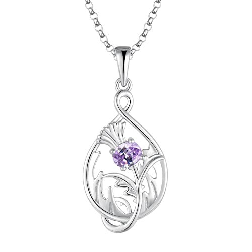 JO WISDOM Damen Halskette Schottische Distel Silber 925,Kette Anhänger Schottland Blume mit 3A Zirkonia Februar Geburtsstein Amethyst Farbe Outlander Schmuck,Schmuck für Frauen von JO WISDOM