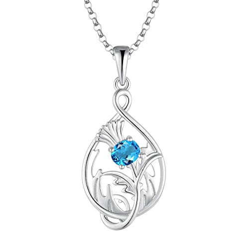 JO WISDOM Damen Halskette Schottische Distel Silber 925,Kette Anhänger Schottland Blume mit 3A Zirkonia März Geburtsstein Aquamarin Farbe Outlander Schmuck,Schmuck für Frauen von JO WISDOM