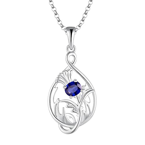 JO WISDOM Damen Halskette Schottische Distel Silber 925,Kette Anhänger Schottland Blume mit 3A Zirkonia September Geburtsstein Saphirfarbe Outlander Schmuck,Schmuck für Frauen von JO WISDOM