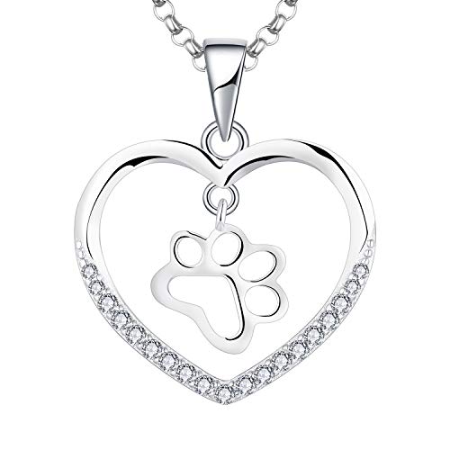 JO WISDOM Damen Halskette Silber 925,Kette Anhänger Hund Pfote Drucken Fußabdruck Ich liebe dich von meinem Herzen mit 5A Zirkonia April Geburtsstein,45cm+5CM,Schmuck für Frauen von JO WISDOM