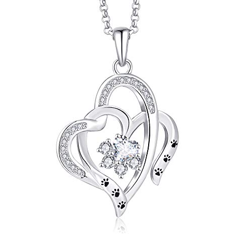 JO WISDOM Damen Halskette Silber 925,Kette Anhänger Hund Pfote Drucken Fußabdruck Ich liebe dich von meinem Herzen mit 5A Zirkonia April Geburtsstein,45cm+3CM,Schmuck für Frauen von JO WISDOM