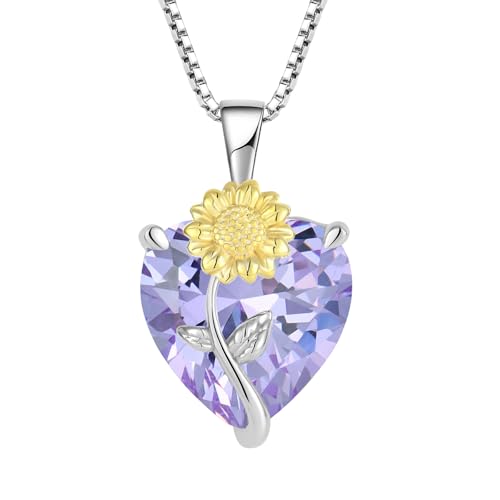 JO WISDOM Damen Halskette Sonnenblume Herz Silber 925,Kette Anhänger mit 3A Zirkonia Juni Geburtsstein Alexandrit Farbe,Schmuck für Frauen von JO WISDOM
