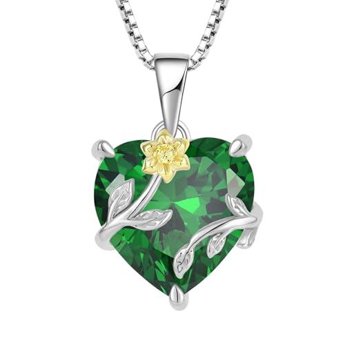 JO WISDOM Damen Halskette Sonnenblume Herz Silber 925,Kette Anhänger mit 3A Zirkonia Mai Geburtsstein Smaragd Farbe,Schmuck für Frauen Mutter Frau sie von JO WISDOM