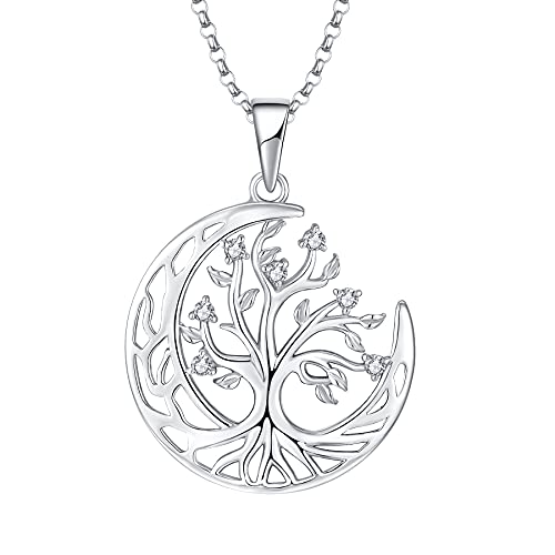 JO WISDOM Damen Kette Baum des lebens Mond Silber 925,Halskette Anhänger Lebensbaum mit 3A Zirkonia,Schmuck für Frauen von JO WISDOM