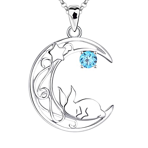 JO WISDOM Damen Kette Hase Stern Mond Silber 925 Halskette Anhänger mit 3A Zirkonia März Geburtsstein Aquamarin Farbe,Schmuck für Frauen von JO WISDOM